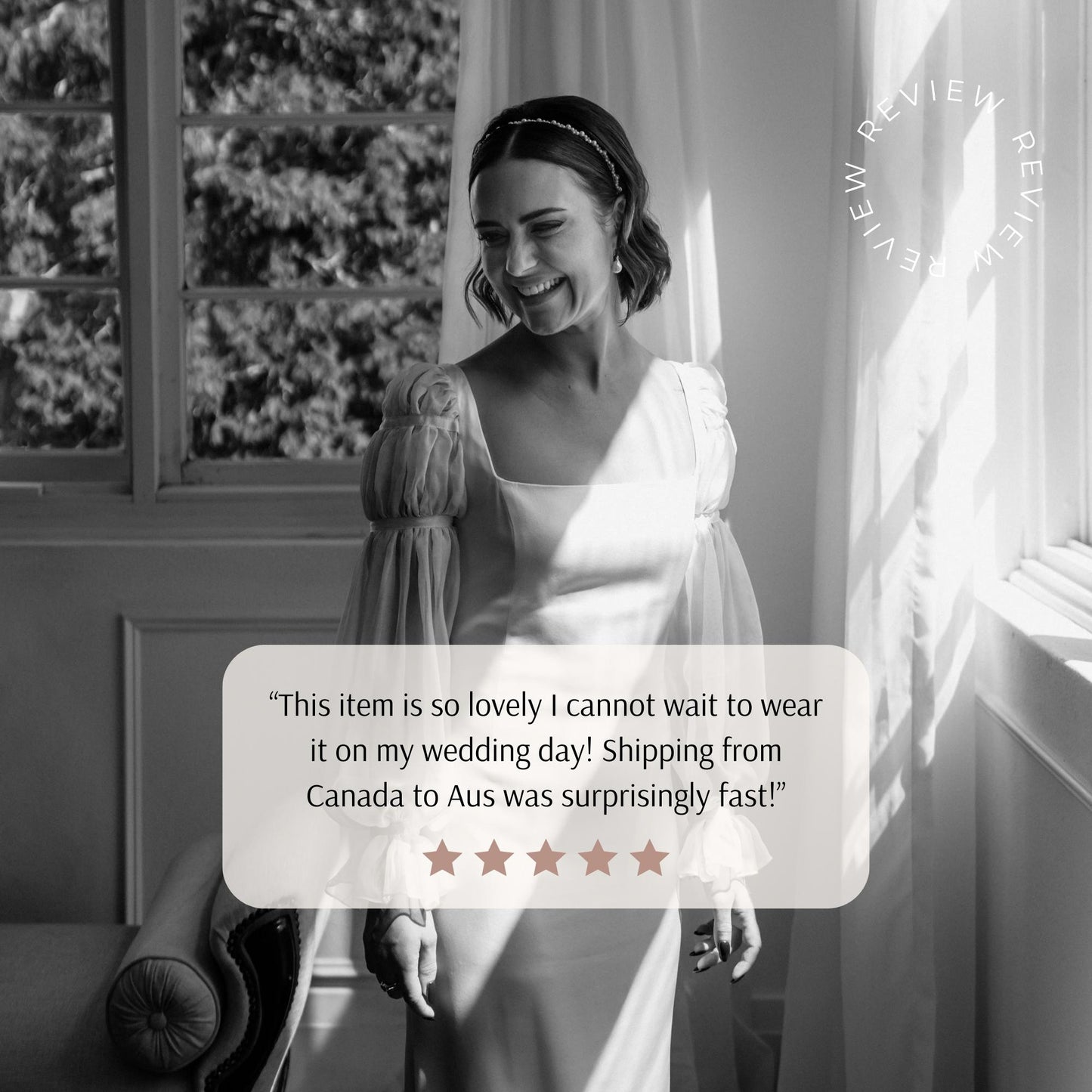 Bride glowing in a timeless, square-neck wedding dress with puffed sleeves, styled with a delicate pearl bridal headband. Features a heartfelt review praising the item's beauty and fast shipping, perfect for adding elegance to a wedding day.