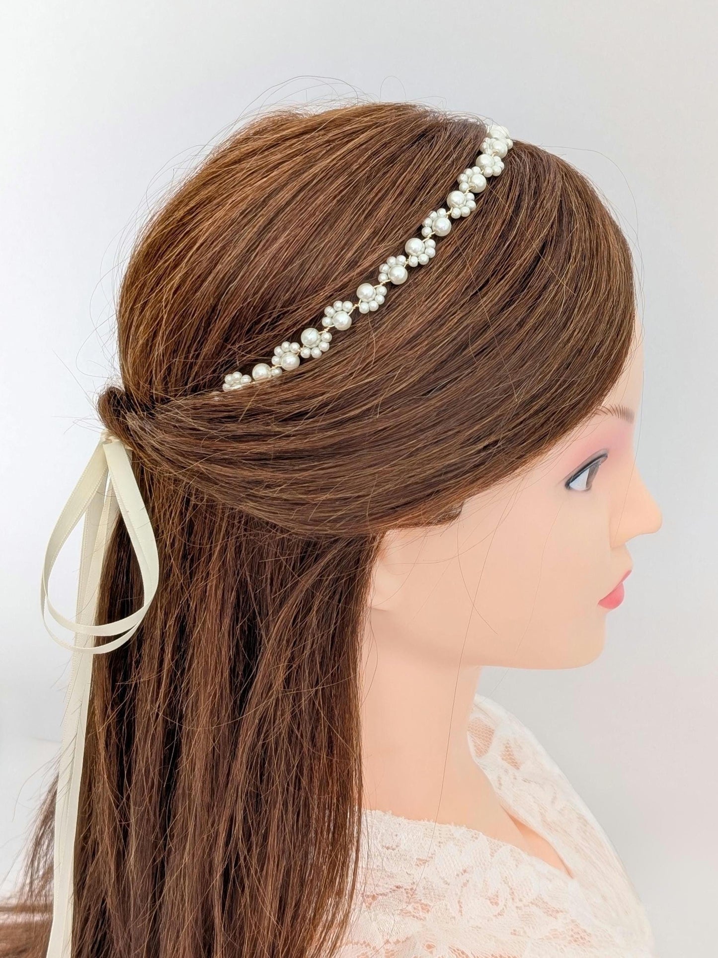 Lexi - Pearl Ribbon Tie Headband (14")