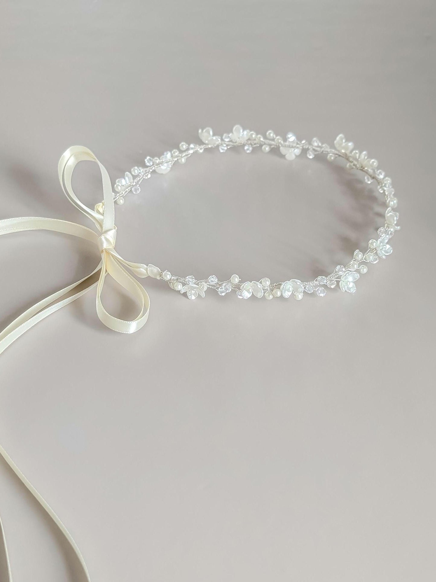Rosalie - Floral Pearl Ribbon Tie Hair Piece (14")