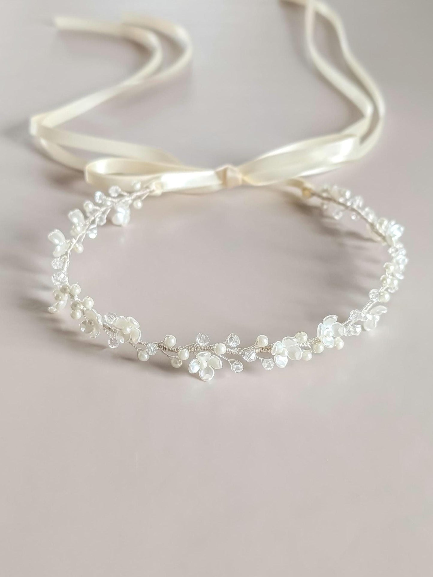 Rosalie - Floral Pearl Ribbon Tie Hair Piece (14")