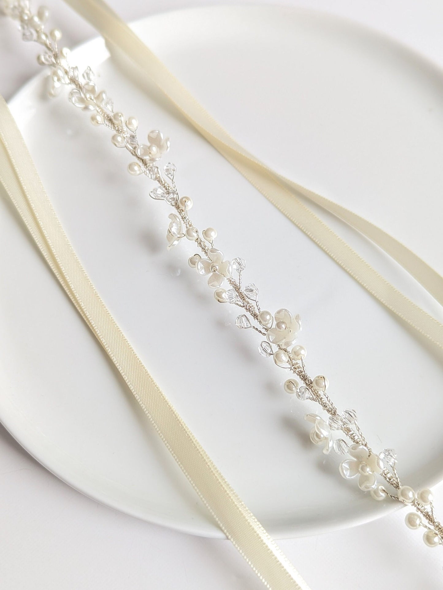 Rosalie - Floral Pearl Ribbon Tie Hair Piece (14")