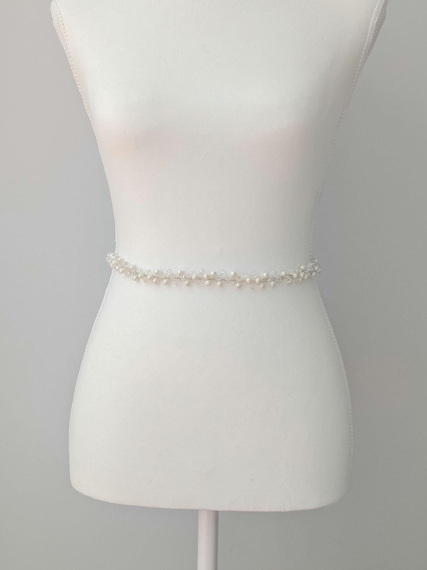Colette - Pearl and Crystal Beaded Bridal Sash (18"-30")