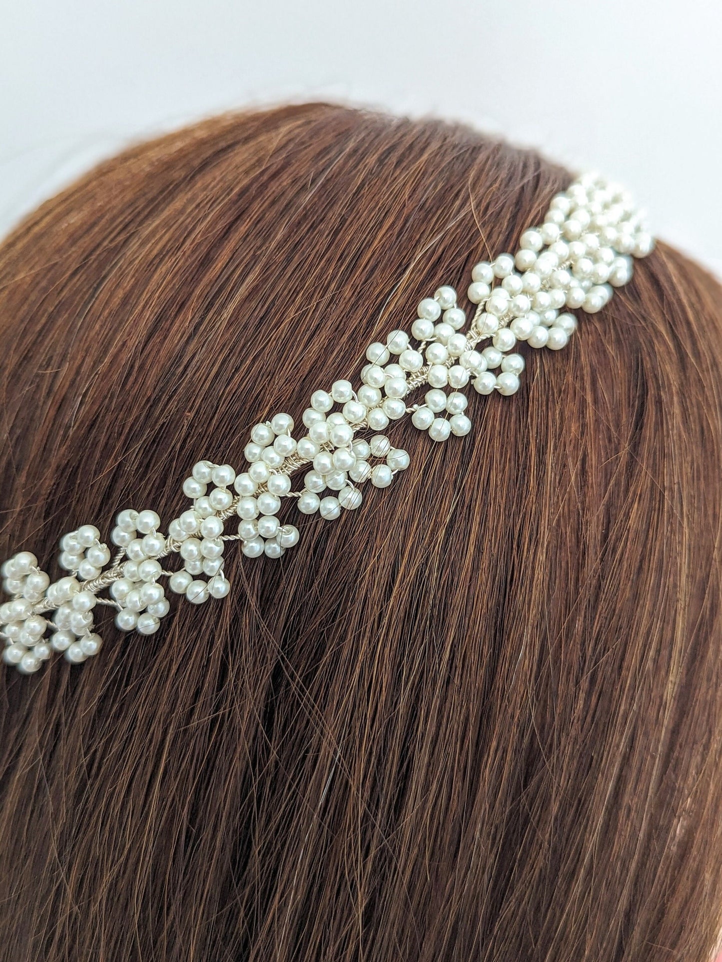 Sylvie - Baby’s Breath Pearl Ribbon Tie Headband (14")