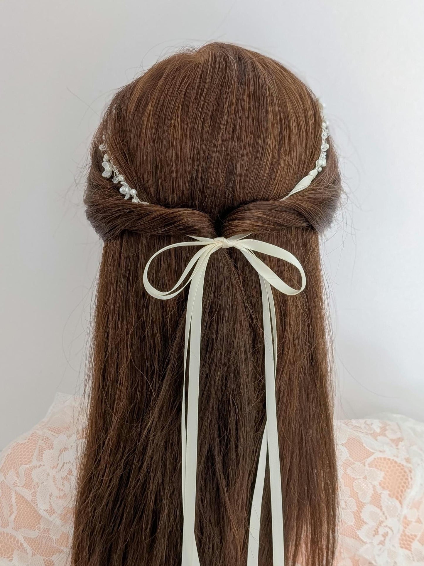 Rosalie - Floral Pearl Ribbon Tie Hair Piece (14")