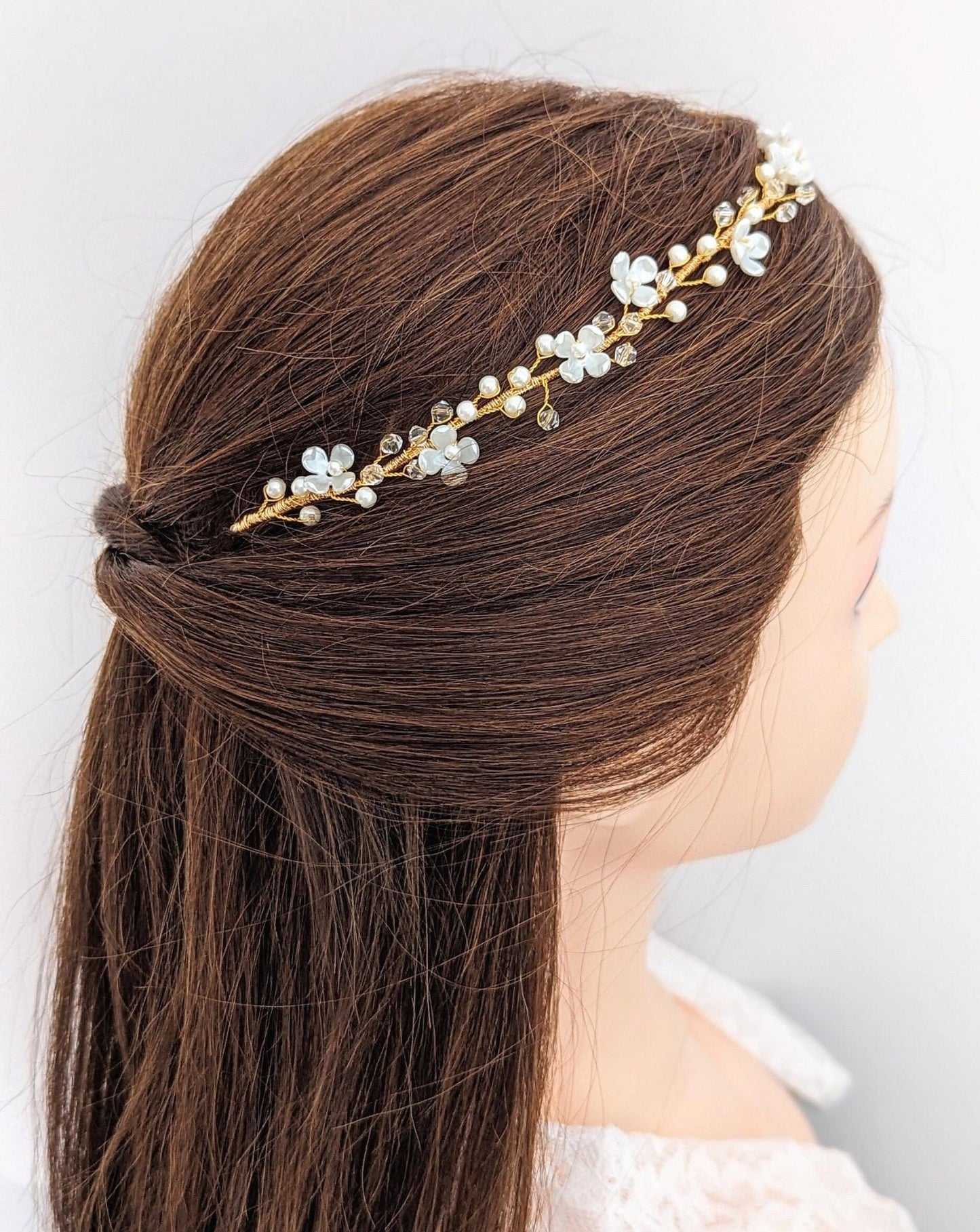 Rosalie - Floral Pearl Ribbon Tie Hair Piece (14")