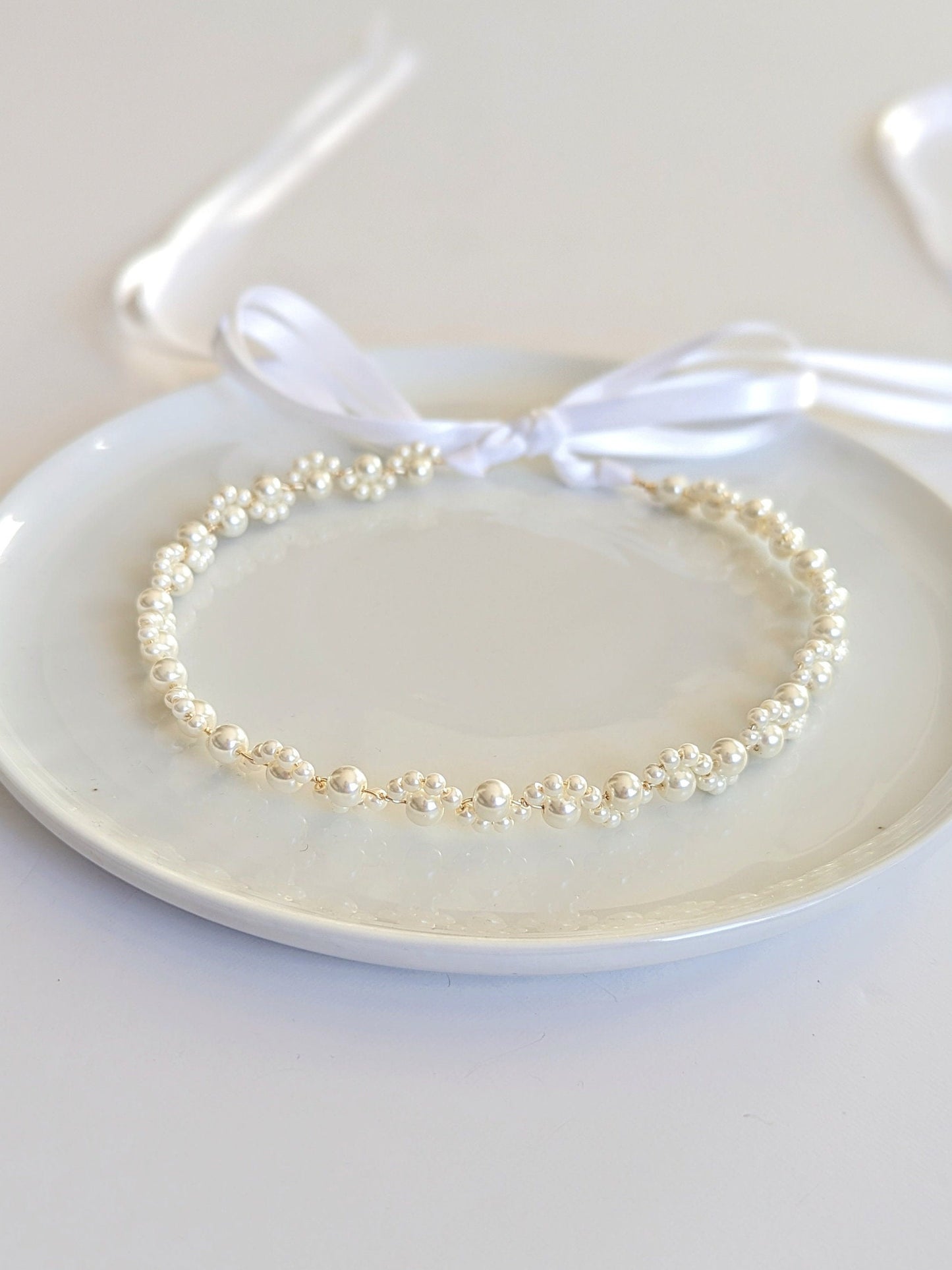 Lexi - Pearl Ribbon Tie Headband (14")