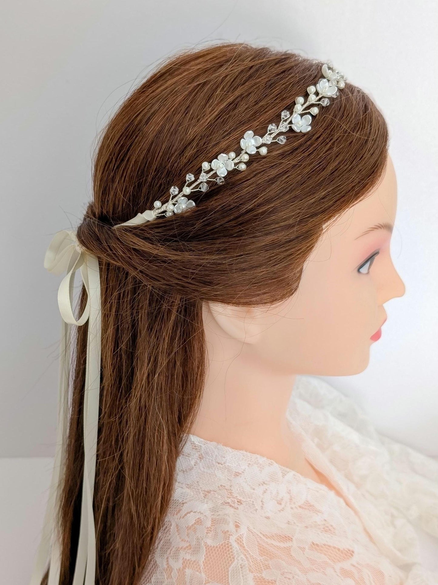 Rosalie - Floral Pearl Ribbon Tie Hair Piece (14")