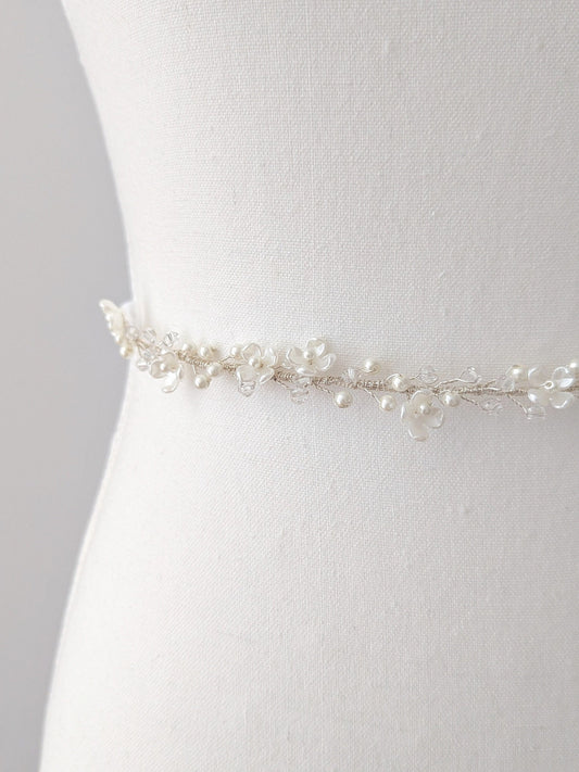 Rosalie - Thin Pearl & Floral Crystal Bridal Belt (18"-30")