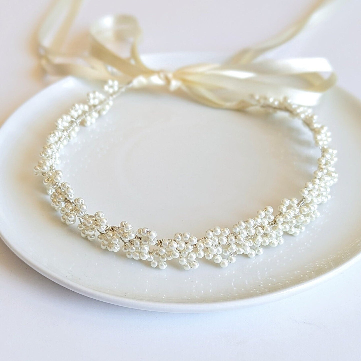 Sylvie - Baby’s Breath Pearl Ribbon Tie Headband (14")