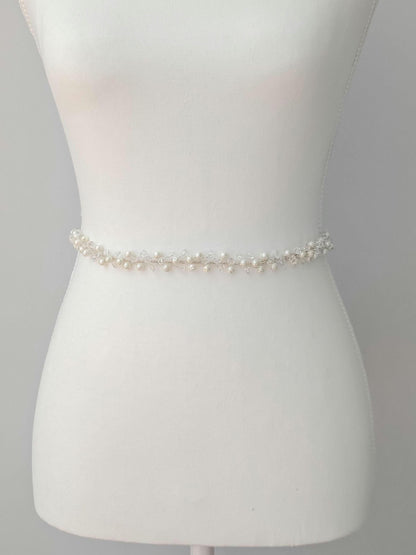 Colette - Pearl and Crystal Beaded Bridal Sash (18"-30")