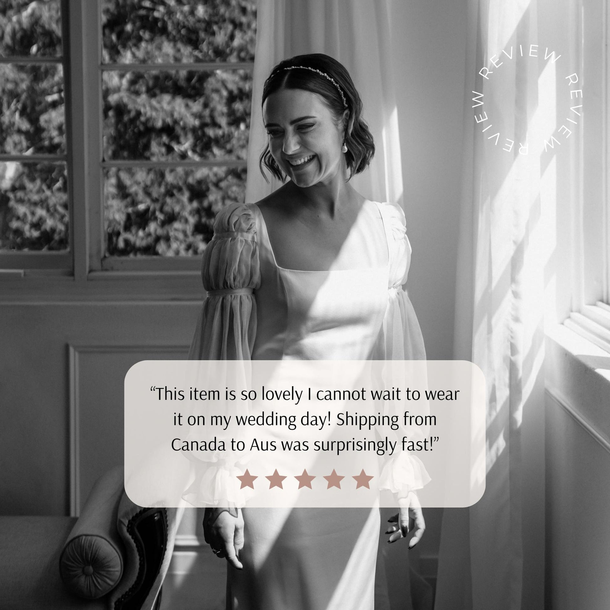 Bride glowing in a timeless, square-neck wedding dress with puffed sleeves, styled with a delicate pearl bridal headband. Features a heartfelt review praising the item's beauty and fast shipping, perfect for adding elegance to a wedding day.