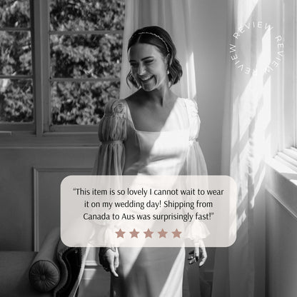 Bride glowing in a timeless, square-neck wedding dress with puffed sleeves, styled with a delicate pearl bridal headband. Features a heartfelt review praising the item's beauty and fast shipping, perfect for adding elegance to a wedding day.