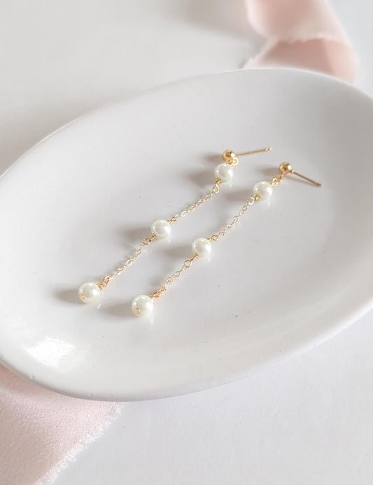 Elle - Dainty Pearl Bridal Earring Long Wedding Jewelry