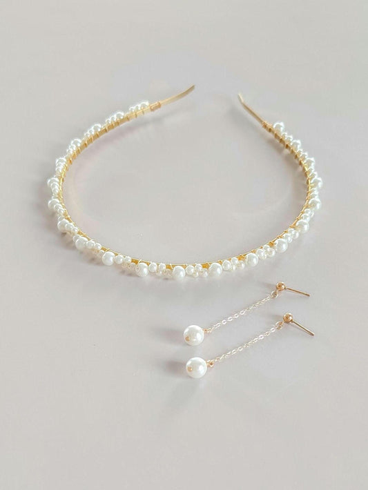 Kate & Sabine Set - Pearl Headband and Long Drop Earrings