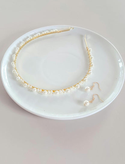 Kate & Anna Set - Dainty Pearl Headband and Pearl Drop Earrings