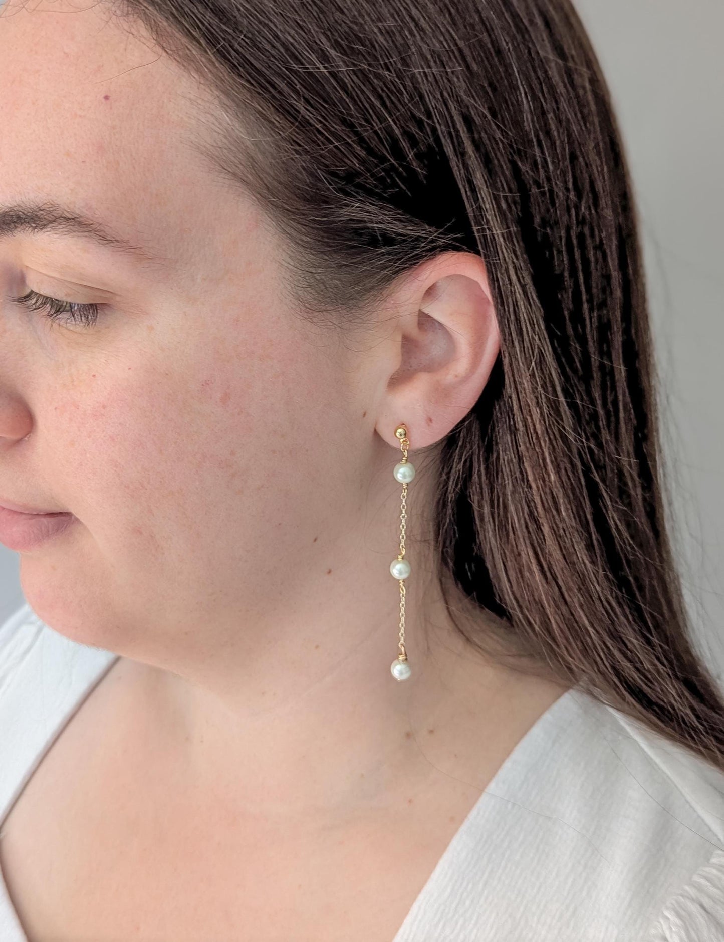 Elle - Dainty Pearl Bridal Earring Long Wedding Jewelry