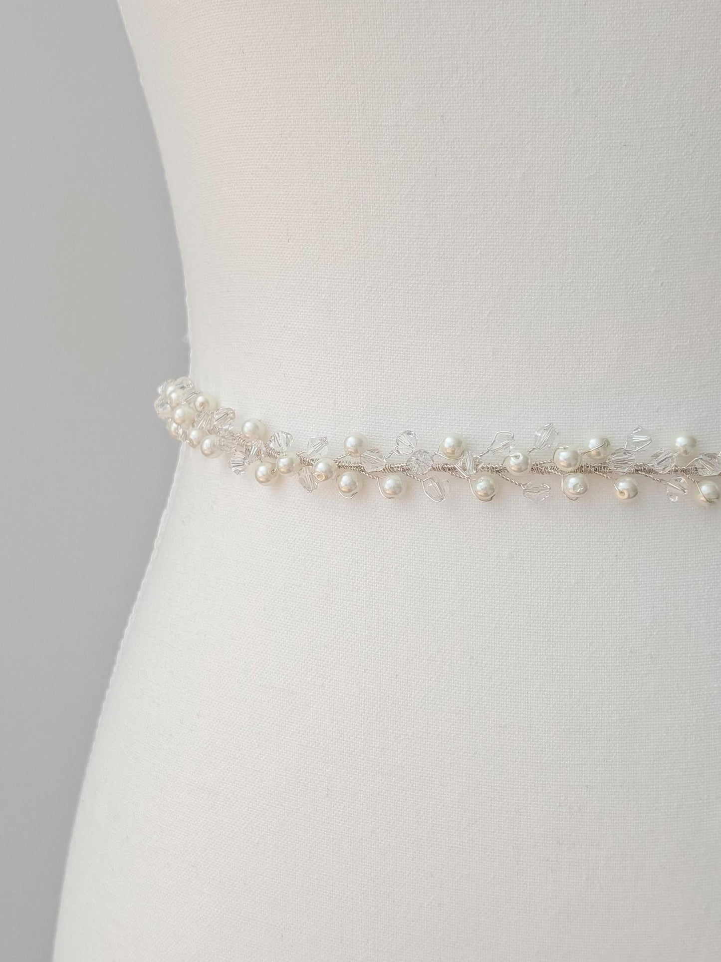 Colette - Pearl and Crystal Beaded Bridal Sash (18"-30")