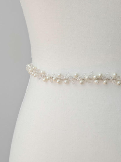 Colette - Pearl and Crystal Beaded Bridal Sash (18"-30")