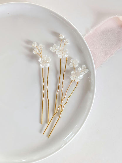 Posie - Delicate Floral & Crystal Hair Pins (Set of 3)