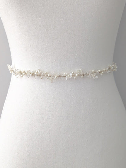 Rosalie - Thin Pearl & Floral Crystal Bridal Belt (18"-30")