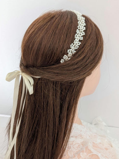 Sylvie - Baby’s Breath Pearl Ribbon Tie Headband (14")