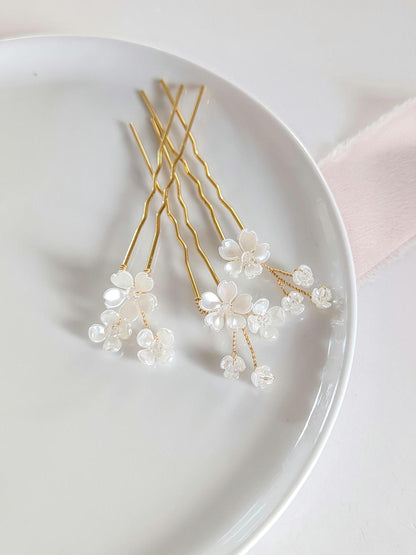 Posie - Delicate Floral & Crystal Hair Pins (Set of 3)