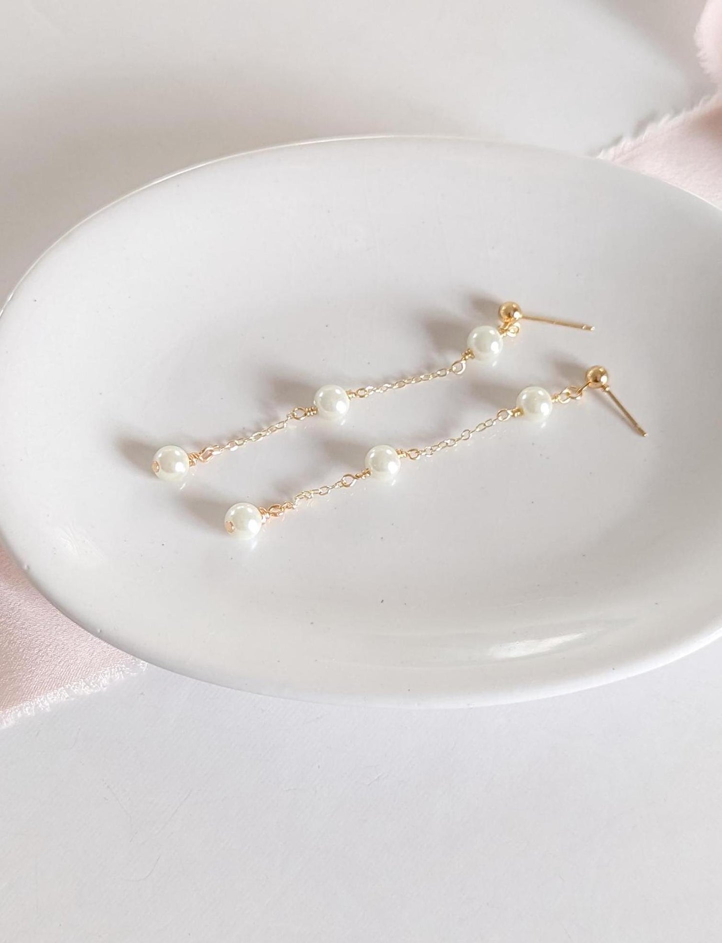 Elle - Dainty Pearl Bridal Earring Long Wedding Jewelry