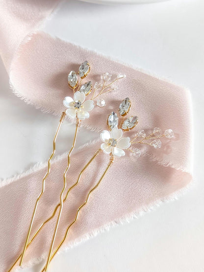 Poppy - Flower and Crystal Bridal Hair Pins (Set of 1-6)