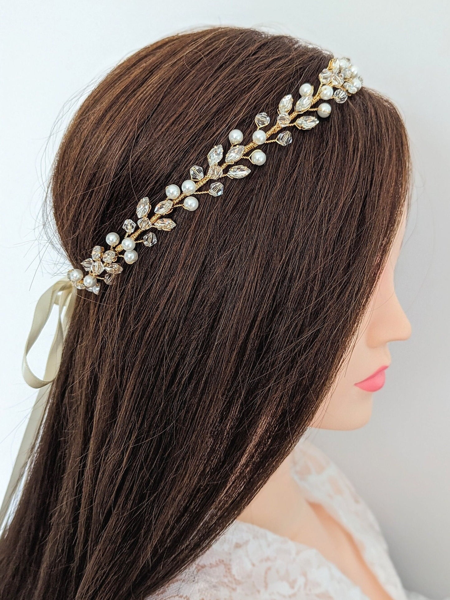 Charlotte - Bridal Crystal Headpiece With Ribbon (14")