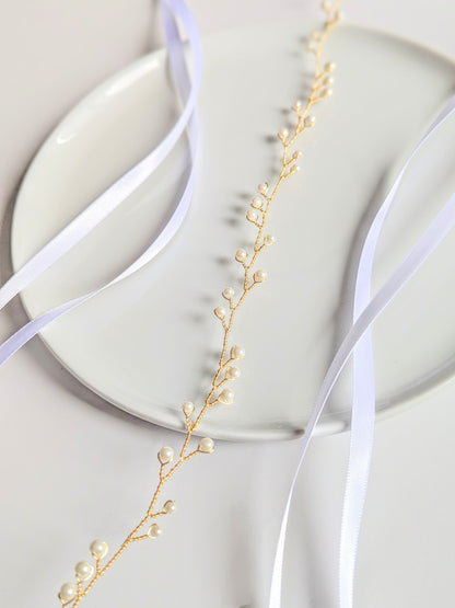 Cora - Delicate Pearl Vine Wedding Sash with Ribbon Tie (20")