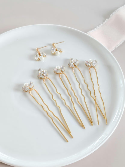 Chloe + Ava Jewelry Set - Crystal & Pearl Hair Pins with Matching Earrings