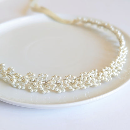 Sylvie - Baby’s Breath Pearl Ribbon Tie Headband (14")