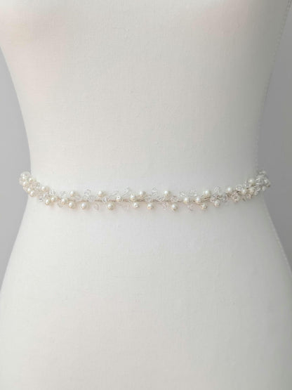 Colette - Pearl and Crystal Beaded Bridal Sash (18"-30")