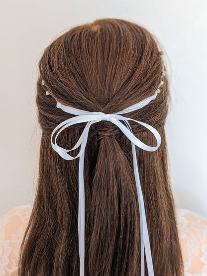 Sylvie - Baby’s Breath Pearl Ribbon Tie Headband (14")
