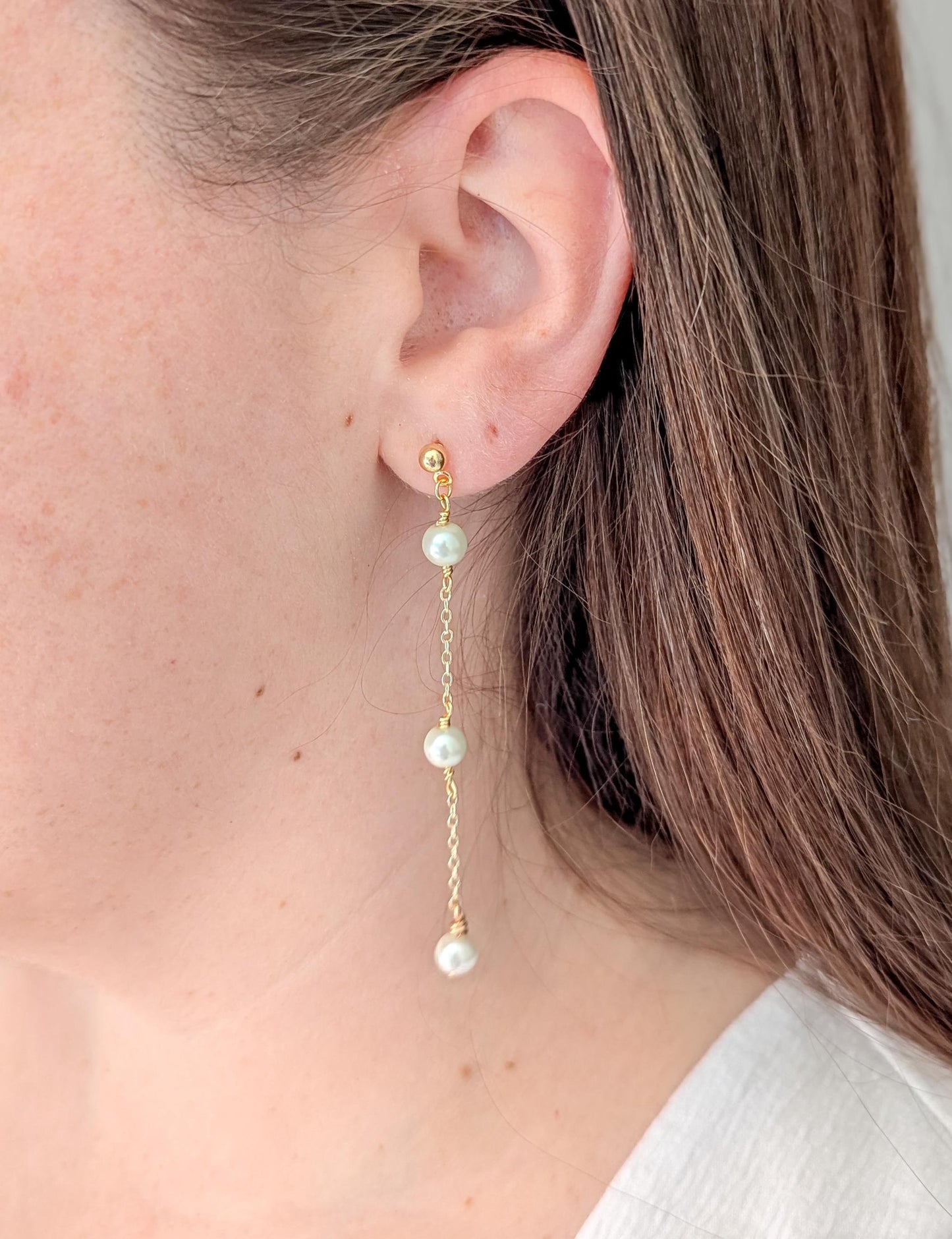 Elle - Dainty Pearl Bridal Earring Long Wedding Jewelry