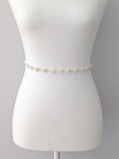 Audrey - Floral Pearl Bridal Sash (18"-30")