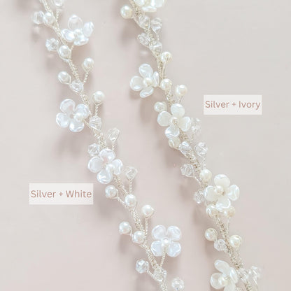 Rosalie - Floral Pearl Ribbon Tie Hair Piece (14")