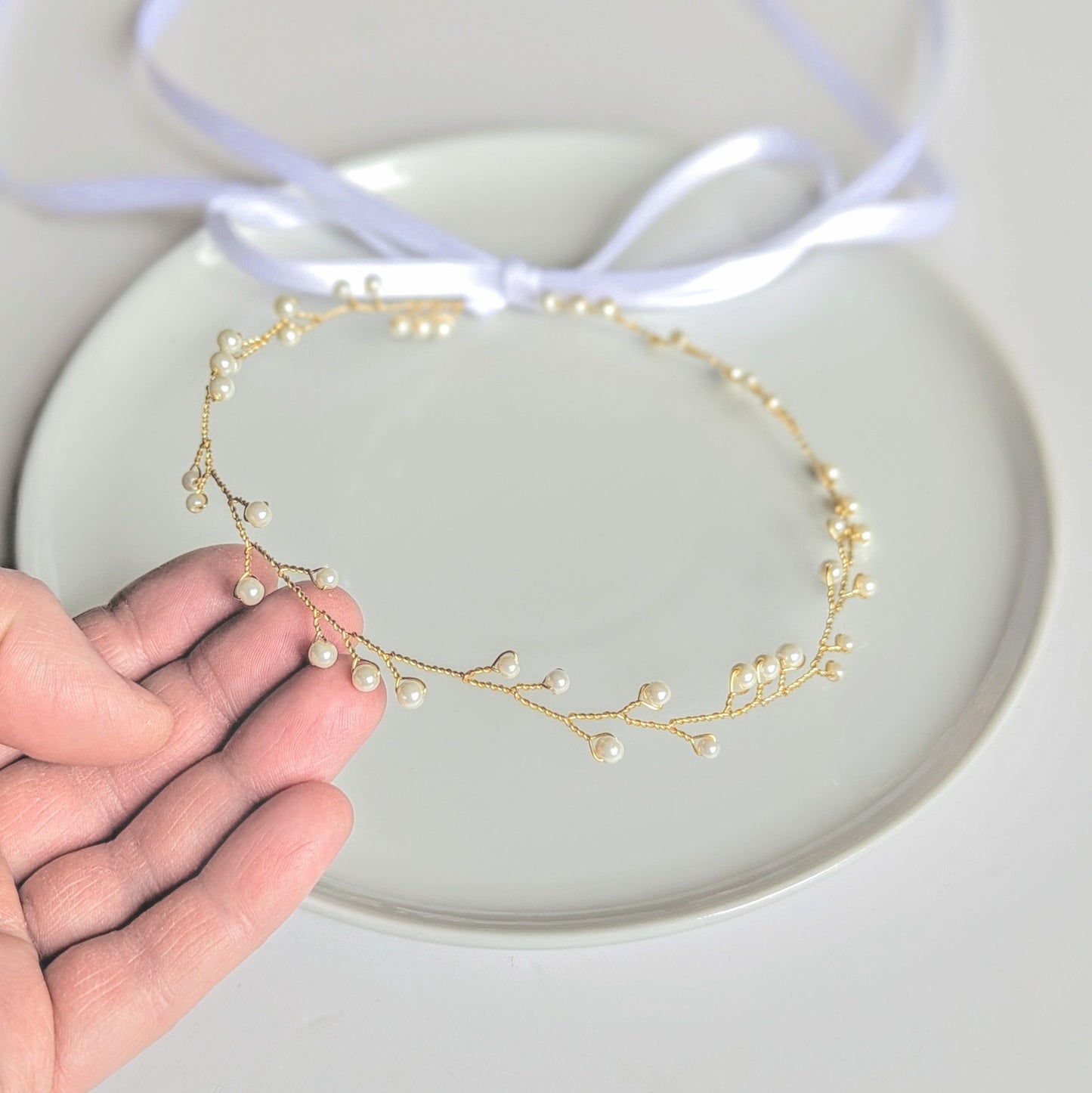 Cora - Delicate Pearl Vine Wedding Sash with Ribbon Tie (20")