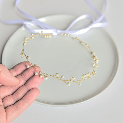 Cora - Delicate Pearl Vine Wedding Sash with Ribbon Tie (20")