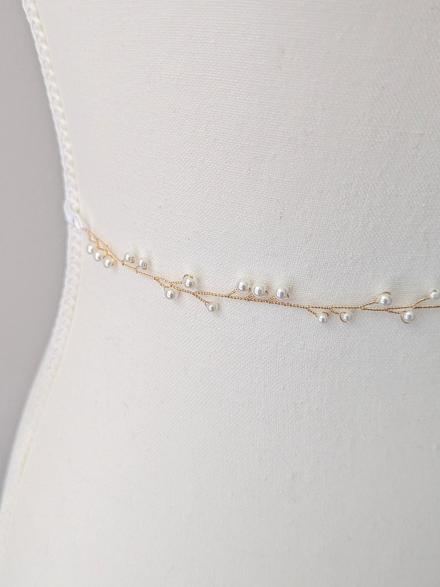 Cora - Delicate Pearl Vine Wedding Sash with Ribbon Tie (20")