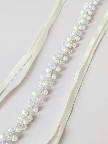 Colette - Pearl and Crystal Beaded Bridal Sash (18"-30")