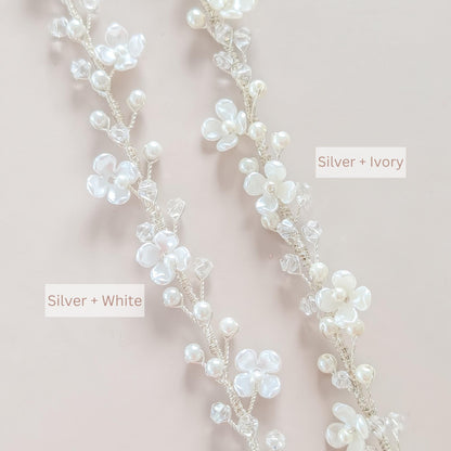 Rosalie - Thin Pearl & Floral Crystal Bridal Belt (18"-30")