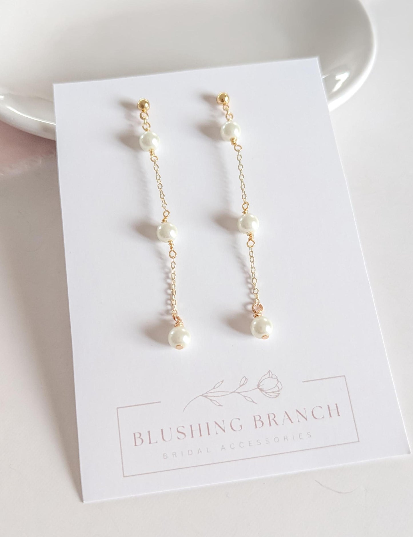 Elle - Dainty Pearl Bridal Earring Long Wedding Jewelry