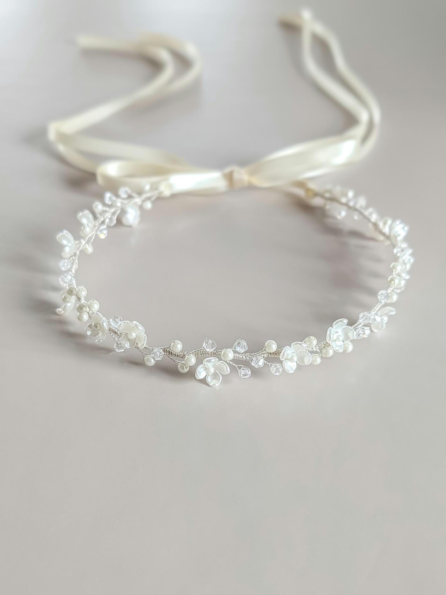 Rosalie - Thin Pearl & Floral Crystal Bridal Belt (18"-30")