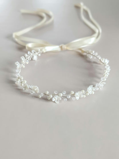 Rosalie - Thin Pearl & Floral Crystal Bridal Belt (18"-30")