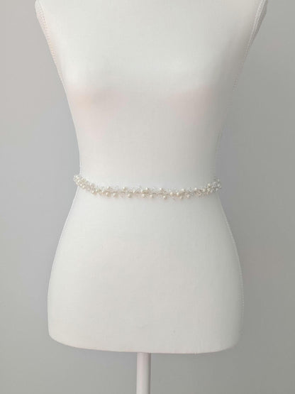 Colette - Pearl and Crystal Beaded Bridal Sash (18"-30")