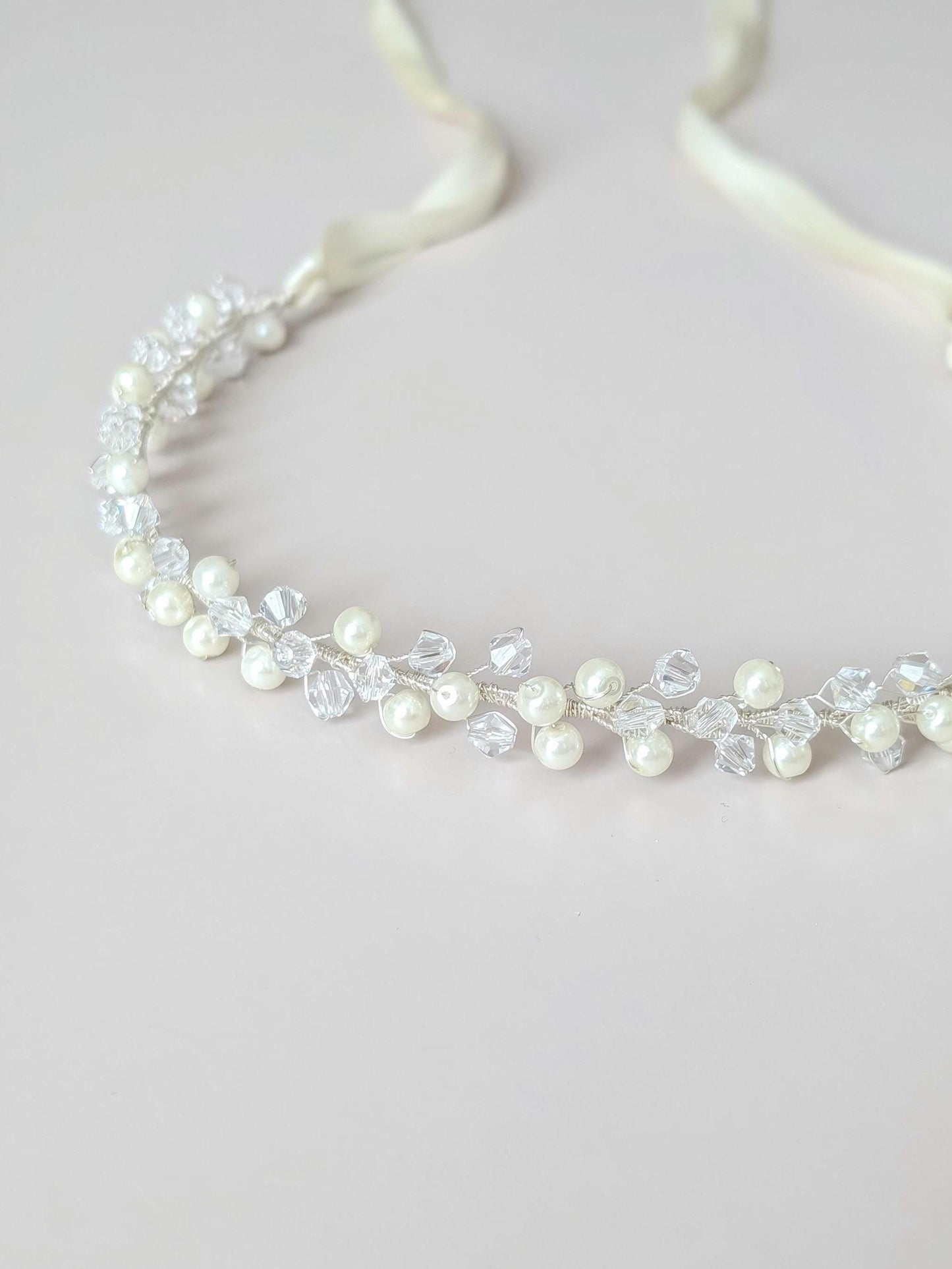 Colette - Pearl and Crystal Beaded Bridal Sash (18"-30")