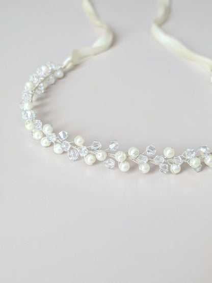 Colette - Pearl and Crystal Beaded Bridal Sash (18"-30")