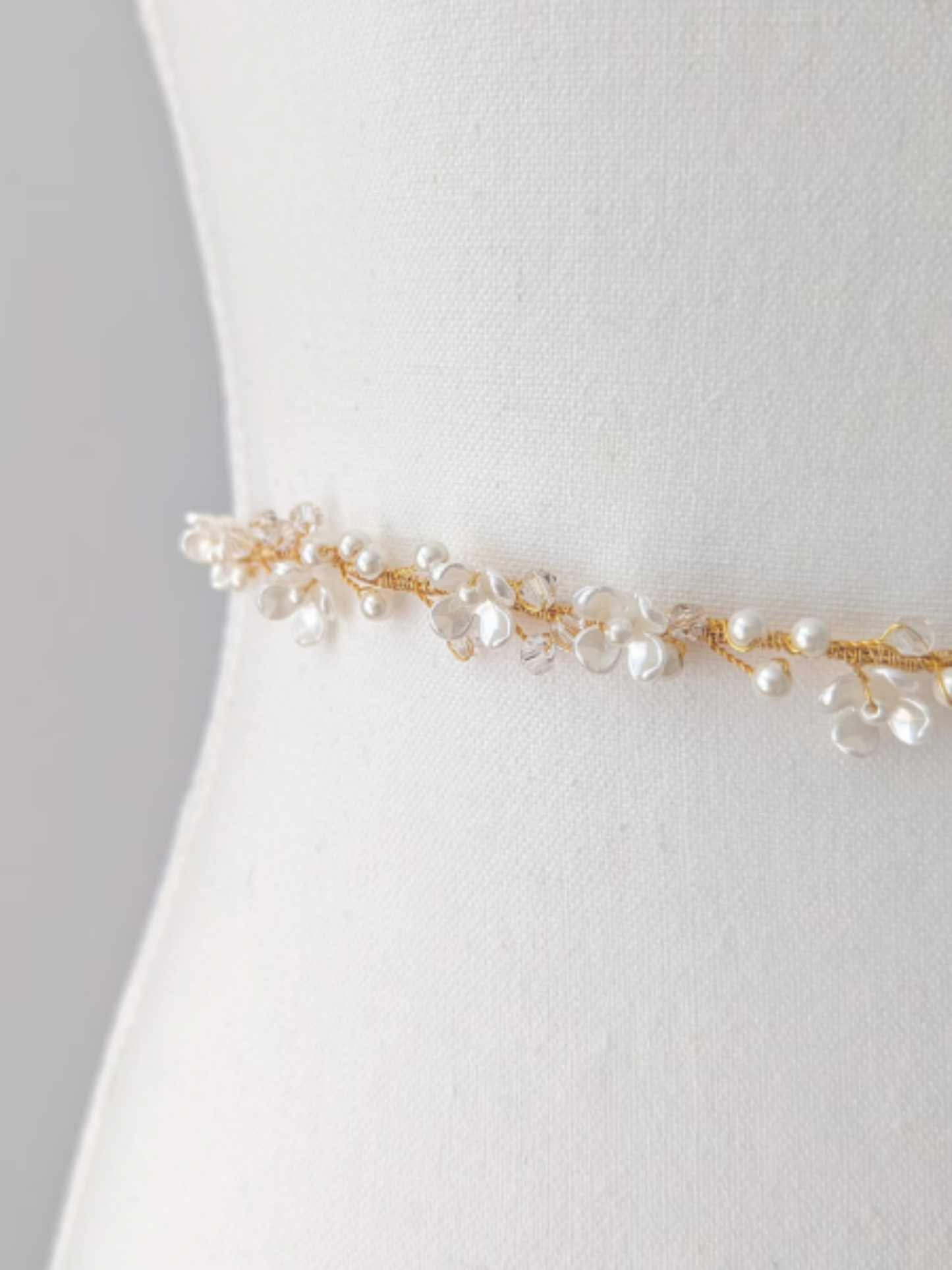 Rosalie - Thin Pearl & Floral Crystal Bridal Belt (18"-30")