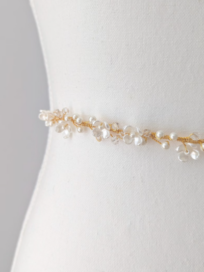 Rosalie - Thin Pearl & Floral Crystal Bridal Belt (18"-30")
